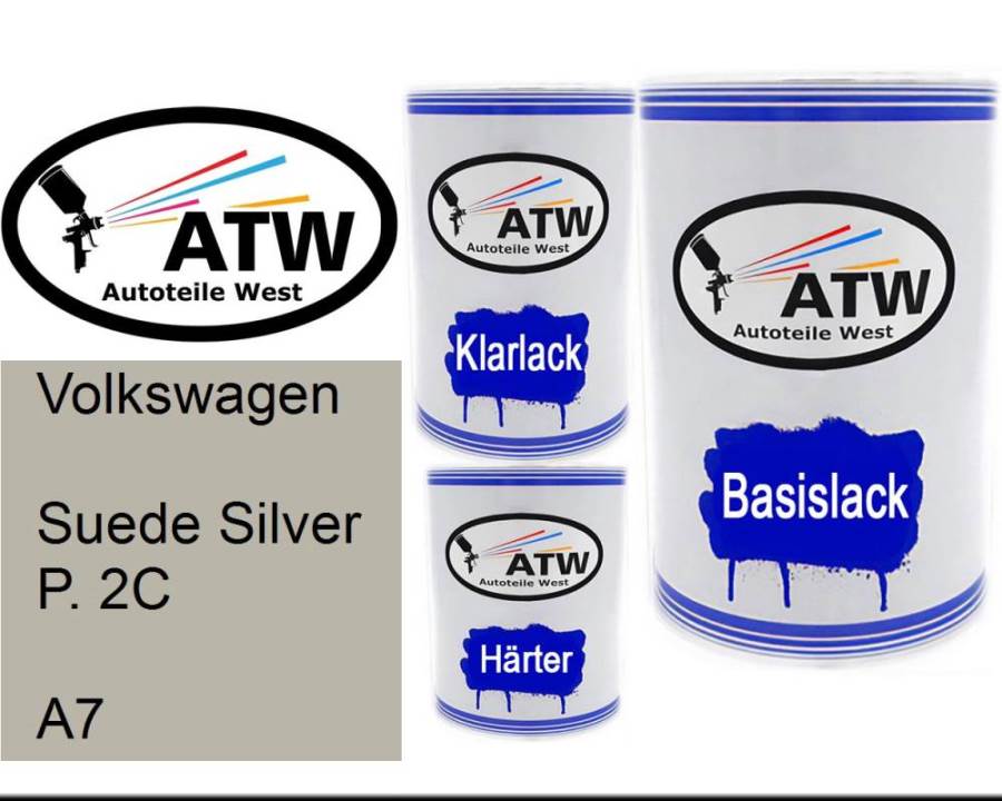 Volkswagen, Suede Silver P. 2C, A7: 500ml Lackdose + 500ml Klarlack + 250ml Härter - Set, von ATW Autoteile West.